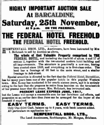 Sale of Federal Hotel ad WC 18Nov1916